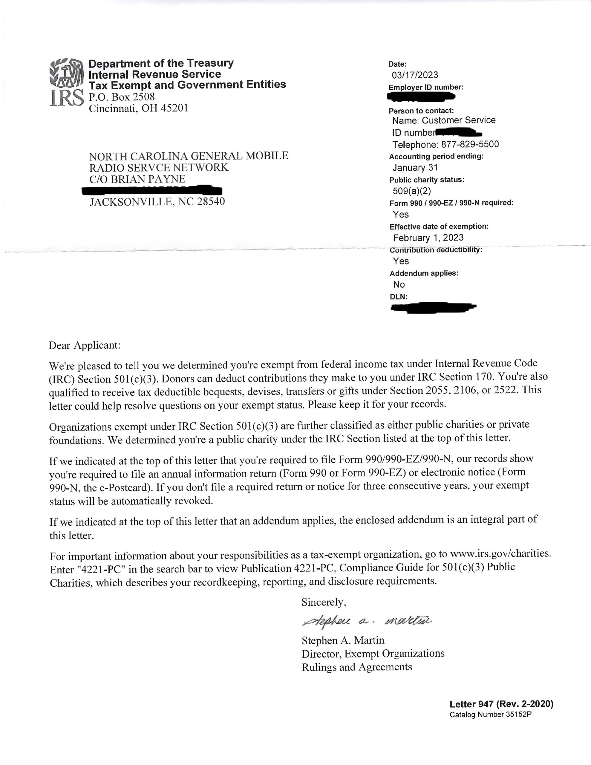 We are now a 501c3 North Carolina GMRS Network